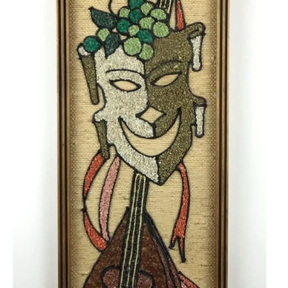 2 Vintage GRAVEL Pebble Art Pictures Mid Century COMEDY TRAGEDY MASKS 24 x 8 3/4 - Picture 5 of 5